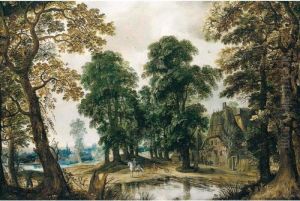 Wooded Landscape With Figures Passing Through A Village by Adriaan van Stalbemt