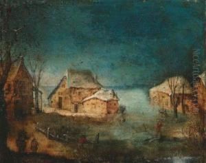A Coastal Winter Landscape With
Fishermen On A Path By A Village;and A Wooded Landscape With Figures By A
Colonnaded Manorhouse by Adriaan van Stalbemt