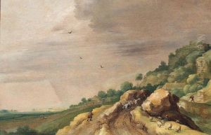 An Extensive Landscape With Drovers On A Rocky Path By Ariver by Adriaan van Stalbemt