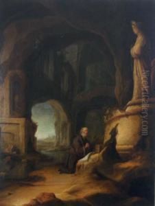 A Hermit At Prayer In A Grotto With Classical Ruins
