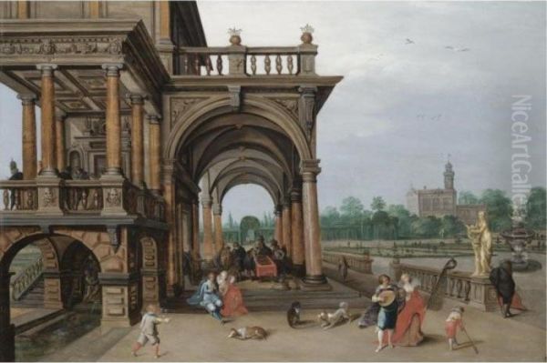 The Gardens Of A Palace, With
Elegant Figures Strolling, Making Music And Playing Backgammon In A
Loggia - view 1