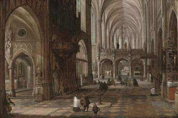 The Interior Of A Gothic Cathedral With Figures by Hendrick van, the Younger Steenwyck