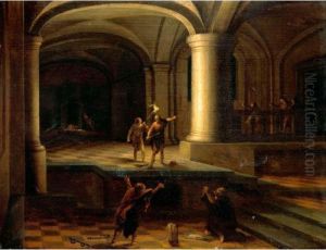 Interior Of A Church Crypt With Figures By Torchlight