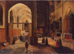 Interior Of A Gothic Cathedral With A Mass Being Celebrated In A Side Chapel