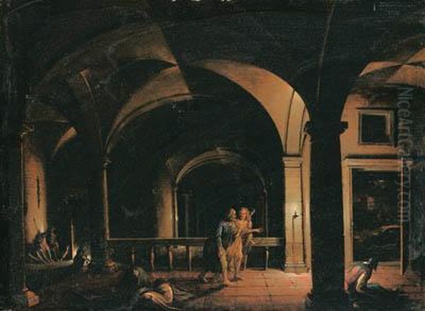 The Interior Of A Crypt With The
 Liberation Of Saint Peter, An Opendoor Leading To A Moonlit Landscape 
Beyond - view 1