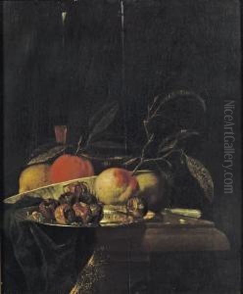 A Lemon And An Orange In A
Porcelain Bowl, A Glass Of Wine, Dates On A Silver Plate, An Apple, A
Peach And A Knife, All On A Partially Draped Table - view 1
