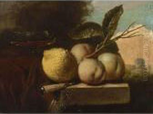 A Still Life Of A Lemon,
Peaches, A Venetian Glass And A Knife, All On A Stone Ledge Draped With A
Red Cloth, In A Landscape - view 1