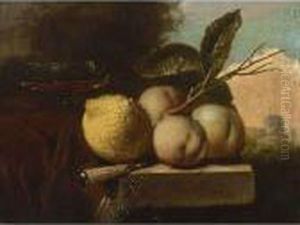 A Still Life Of A Lemon, 
Peaches, A Venetian Glass And A Knife, All On A Stone Ledge Draped With A
 Red Cloth, In A Landscape by Juriaen van Streeck