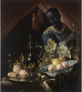 A Still Life With Peaches And A 
Lemon In A Wan-li Bowl, Oranges And Walnuts On A Silver Plate, Grapes, A
 Roemer, A Silver Can And A Knife, All On A Draped Table, Together With A
 Black Servant