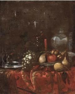Grapes, Pears, Roemers, An
Earthenware Jug, A Pewter Dish And Otherfruit On A Draped Table by Juriaen van Streeck