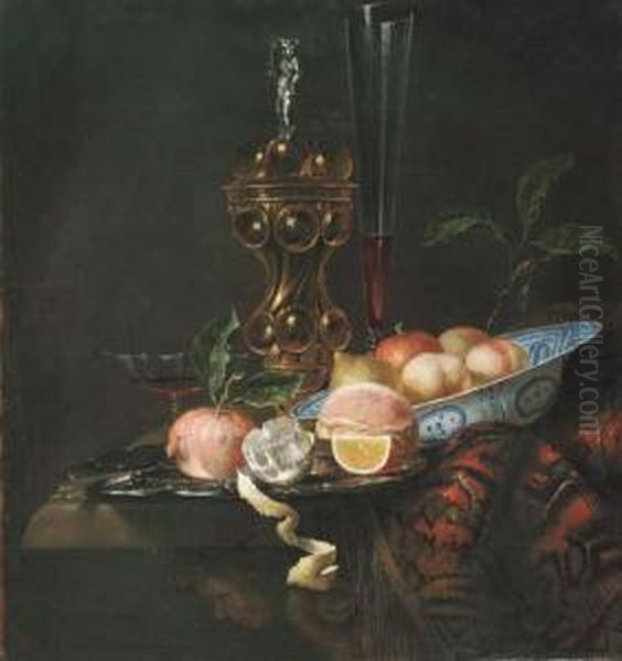 Peaches And A Lemon In A Wanli
'kraak' Porselein Bowl, A Partlypeeled Lemon, An Orange Slice, A
Pomegranate And Bread On A Pewterplate, A Gilt Cup And Cover And A Wine
Flute On A Partly Drapedtable - view 1