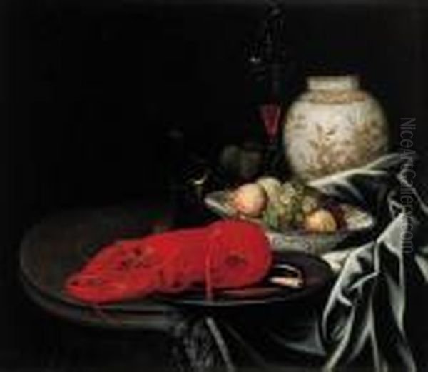 A Lobster And A Knife On A 
Pewter Plate, Grapes And Peaches In Awan-li Bowl, A Roemer, A 
Faon-de-venise Wineglass And A Porcelainjar On A Draped Stone Ledge - view 1
