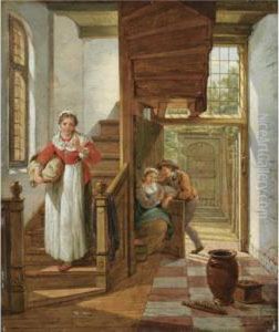 An Interior Scene With A Maid 
Eavesdropping On The Stairs On Anamorous Couple, A View Of A Courtyard 
Beyond