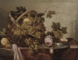 A Basket Of Grapes And Apples, With Roses And A Pewter Platter On A Table by Abraham van, I Strij