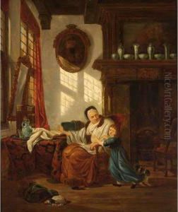 An Interior Scene With An Elderly Lady And A Child Seated Near A Fireplace