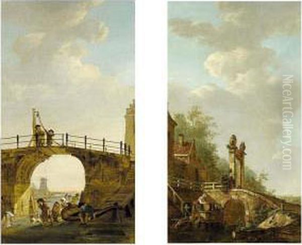 A Summer Landscape With A Woman
Scouring Pots, Together With A Child And A Dog Near A Stone Bridge Over A
Canal - view 1