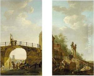 A Summer Landscape With A Woman 
Scouring Pots, Together With A Child And A Dog Near A Stone Bridge Over A
 Canal