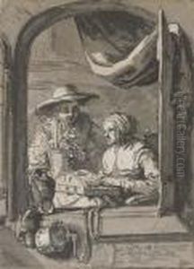 A Woman With A Basket Of Flowers And Another Making Lace, Seenthrough An Open Window A Woman With A Basket Of Flowers And Another Making Lace, Seenthrough An Open Window