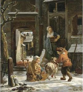 A Winter Scene With A Girl On A 
Sledge Drawn By A Goat And Driven By A Boy, Before A House With A Lady 
In The Door Holding A Foot-warmer