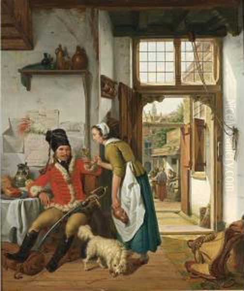 An Interior Of An Inn With An 
Officer Drinking A Glass Of Wine And A Serving Woman Holding A Jug, A 
View Of The Courtyard With A Fish Vendor Beyond - view 1