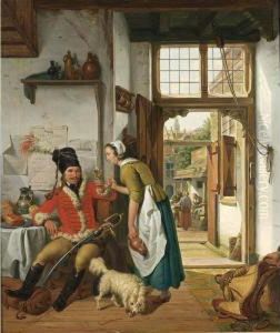 An Interior Of An Inn With An 
Officer Drinking A Glass Of Wine And A Serving Woman Holding A Jug, A 
View Of The Courtyard With A Fish Vendor Beyond