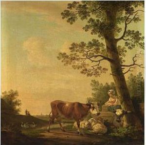A Peasant Woman With Her Cattle by Abraham van, I Strij