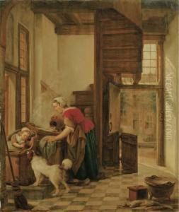 An Interior With A Child Seated 
In A High Chair Teasing A Dog, A Servant Washing By The Window Behind 
Her by Abraham van, I Strij