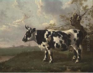 A Pastoral Landscape With A Cow By A Pollard Willow, Windmillsbeyond by Abraham van, I Strij