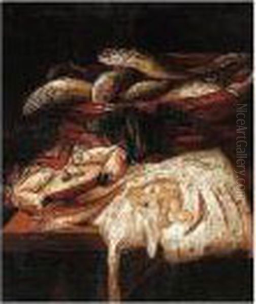 Still Life Of Crab, Skate And
Salt Water Fish In A Wicker Basket, Arranged Upon A Stone Ledge - view 1