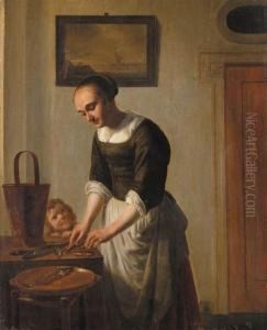A Woman Filleting Fish Watched By A Child A Woman Filleting Fish Watched By A Child