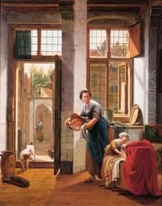 A Mother With Her Children In The Hall Of A Town House