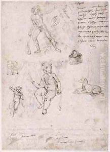 Sheet of studies with naked young man basket dog children