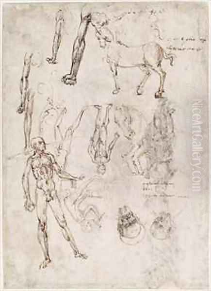 Sheet of studies with men and horses seated man striking an anvil two heads of saints - view 1