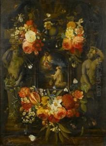 A Bishop Saint Before The Virgin
 And Child Within A Carved Stone Niche Decorated With Tulips, 
Carnations, Roses, Convolvulus And Other Flowers by Jan Philip van Thielen
