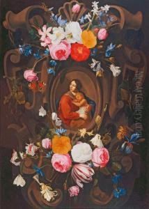 Garland Of Flowers Around A Cartouche by Jan Philip van Thielen