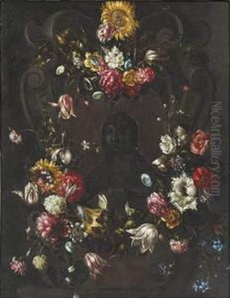 Guirlande De Fleurs Ornees De
Papillons Avec Au Centre Stemadeleine En Buste Inscrite Dans Un Blason A
Enroulements. - view 1