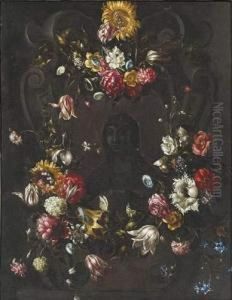Guirlande De Fleurs Ornees De 
Papillons Avec Au Centre Stemadeleine En Buste Inscrite Dans Un Blason A
 Enroulements.