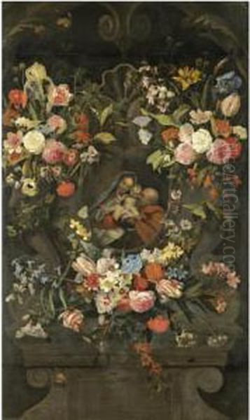 Festoons Of Flowers Decorating A Stone Niche Inset With The Holy Family - view 1