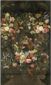 Festoons Of Flowers Decorating A Stone Niche Inset With The Holy Family by Jan Philip van Thielen