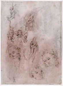 Sheet of studies with St Sebastian naked children and angels heads of Virgin and Jesus Child by Francesco di Simone da Fiesole Ferrucci