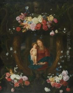 Floral Garland Around A Medallion With Mary And Jesus