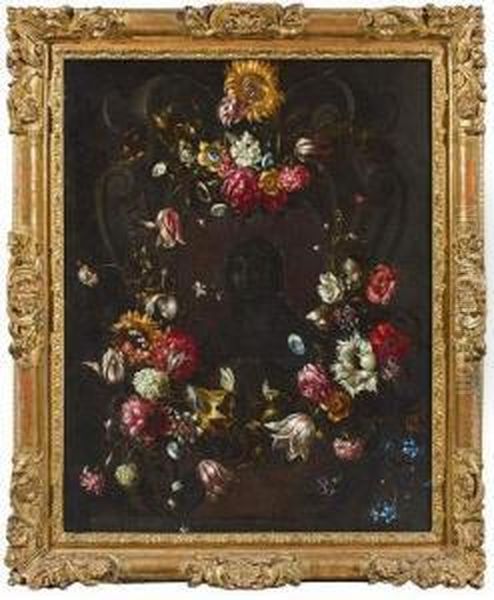 Guirlande De Fleurs Ornees De
Papillons Avec Au Centre Ste Madeleine En Buste Inscrite Dans Un Blason A
Enroulements.
Huile Sur Toile - view 1