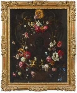 Guirlande De Fleurs Ornees De 
Papillons Avec Au Centre Ste Madeleine En Buste Inscrite Dans Un Blason A
 Enroulements.
 Huile Sur Toile