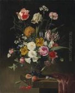 Roses, Tulips, Carnations And An Iris In A Glass Vase On A Draped Stone Ledge Roses, Tulips, Carnations And An Iris In A Glass Vase On A Draped Stone Ledge