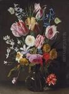 Tulips, Daffodils, Irises And
Roses In A Glass Vase With Butterflies And Other Insects On A Ledge by Jan Philip van Thielen