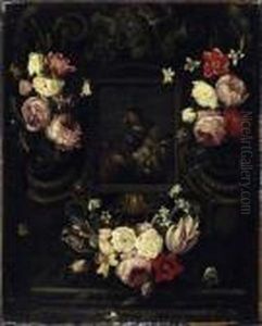 Flower Decoration Surrounding The Central Image Of Mary, Jesus And The Boy John Flower Decoration Surrounding The Central Image Of Mary, Jesus And The Boy John