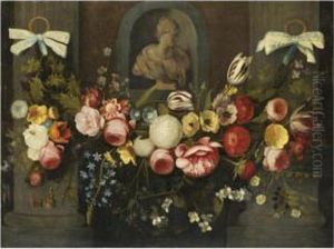 A Garland Of Flowers, Tied With Blue Ribbons, Below A Sculpted Bust