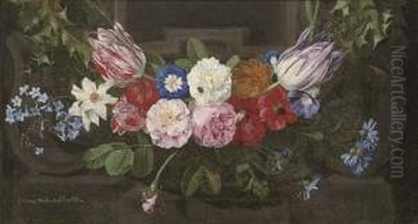 A Swag Of Parrot Tulips, Roses,
Convolvulus, Anenomies, Holly, Narcissi And Other Flowers, Before A
Carved Stone Niche - view 1