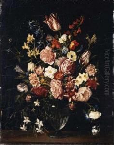 Still Life With Tulips, Roses, 
Narcissi, Carnations, Daffodils And Various Other Flowers In A Glass 
Vase On A Ledge