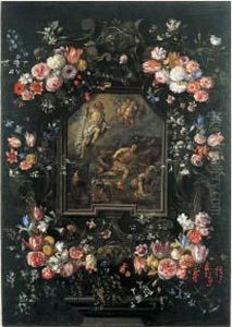 Guirlande De Fleurs Encadrant Un Cartouche Representant La Resurrection